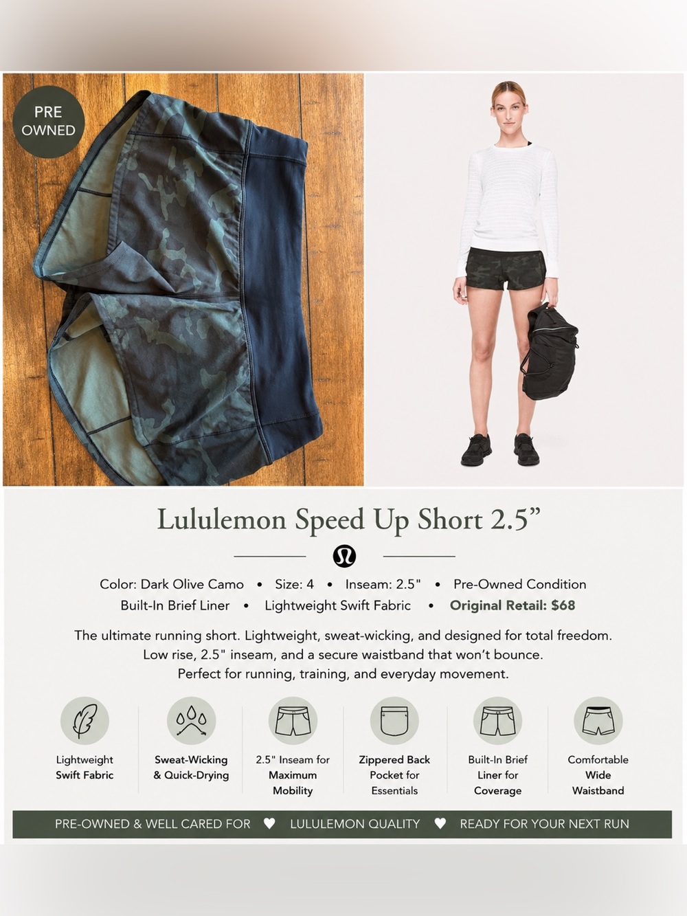 Lululemon Speed Up Short 2.5” – Incognito Camo Multi Gator Green/Black Size 4 - Picture 5 of 8